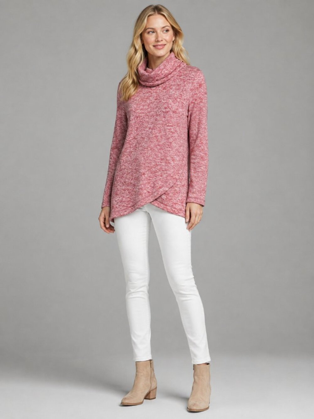 2/$30 Lands' End Fleece Tunic Cowl Sweater Heather Pink Burgundy XL #A4257